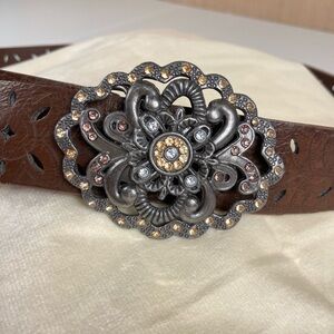 Boho Western Rhinestone Statement Buckle Belt Brown Wide Size 3
